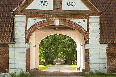 View through a gate onto an alley of horse chestnuts leading to an estate, Baltic Sea, Schleswig-Holstein, Germany, Europe