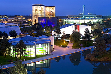View upon Autostadt in the evening, Wolfsburg, Lower Saxony, Germany, Europe