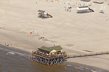 Aerial view of stilted buildings on the beach, North Sea coast, St Peter-Ording, North Friesland, Schleswig-Holstein, Germany