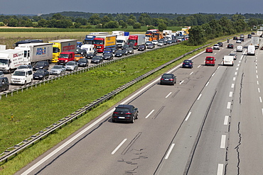 Traffic at a standstill on a German Autobahn, traffic jam, oncoming traffic is flowing, Bavaria, Germany