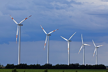 Wind turbines along the A2 Autobahn direction Berlin, Sachsen-Anhalt, Germany