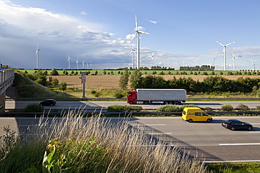 Wind turbines along the A2 Autobahn direction Berlin, Sachsen-Anhalt, Germany