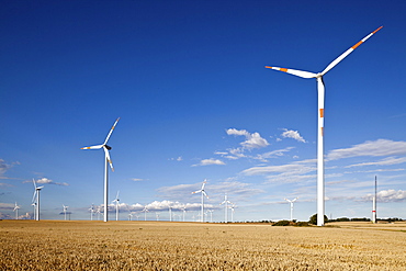 Wind turbines along the A2 Autobahn direction Berlin, Sachsen-Anhalt, Germany