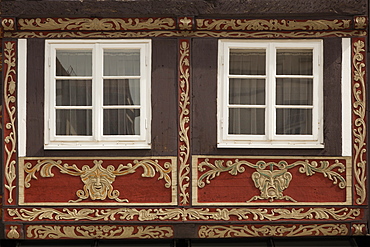 Carvings at a half timbered facade, Hamelin, Weser Hills, North Lower Saxony, Germany, Europe