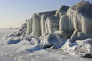 Icy mole at Sassnitz, Island of Ruegen, Mecklenburg Western Pomerania, Germany, Europe