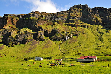 Farmhouse at the coast underneath of the Porsmoerk vulkano, South Iceland, Europe