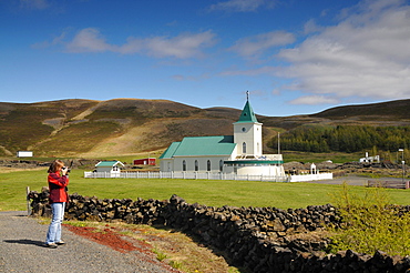 Church, Reykjahlio, lake Myvatn, Skutustadir, Nordurland eystra, Iceland