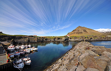 Boats at harbour of Arnarstapi under the Snaefellsjoekull, Snaefellsnes peninsula, West Iceland, Europe