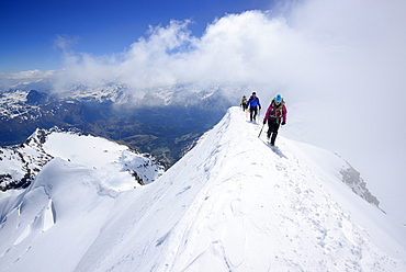 Three mountaineers ascending to Piz Palue, Grisons, Switzerland