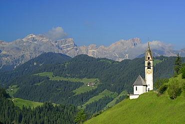 St. Barbara Church in front of Puez range and Geisler range, Val Badia, Dolomites, UNESCO world heritage site Dolomites, South Tyrol, Italy