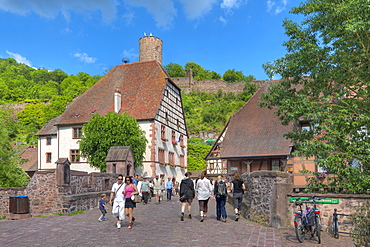 Bridge with half timbered houses, Kaysersberg, Alsace, France, Europe