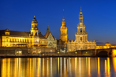 Elbe river with Dresden Castle and Hofkirche in the evening, Dresden, Saxony, Germany, Europe