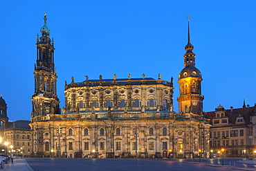 Hofkirche and Dresden Castle at dusk, Dresden, Saxony, Germany, Europe