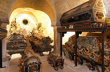 Coffins in the crypt of Jakob church, Koethen, Saxony-Anhalt, Germany, Europe