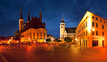 View of market, Jakob church and town hall at night, Koethen, Saxony-Anhalt, Germany, Europe