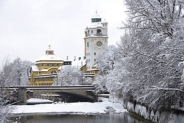 View at Muellersches Volksbad at Isar riverbank, Haidhausen, Munich, Bavaria, Germany