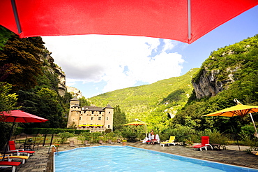 Hotel Chateau de la Caze with pool at the gorge of Tarn, Cevennen, Languedoc, France, Europe