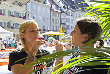 People drinking a glass of wine at the wine festival, July 2012, Freiburg im Breisgau, Black Forest, Baden-Wuerttemberg, Germany, Europe