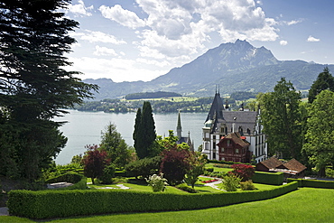 Meggenhorn castle with Mount Pilatus in the background, Lake Lucerne, canton Lucerne, Switzerland, Europe