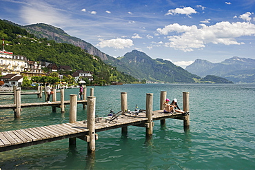 People on a jetty in Weggis, Lake Lucerne, canton Lucerne, Switzerland, Europe