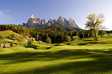 Golf course, Kastelruth Golf club, with Seiser Alm in the background, Dolomites, South Tyrol, Italy