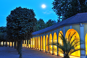 Illuminated arcades at the Kurpark at night, Bad Lauchstaedt, Saxony-Anhalt, Germany, Europe