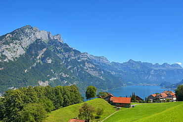 View of lake Walensee with Churfirsten mountains, St. Gallen, Switzerland, Europe