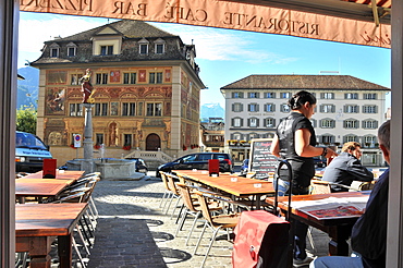 Cafe at the market place and townhall of Schwyz, Canton Schwyz, Centralswitzerland, Switzerland, Europe