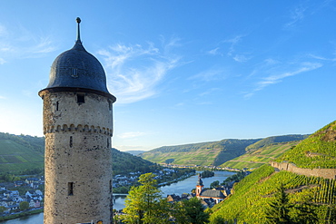 View at Zell with round tower, Moselle, Rhineland-Palatine, Germany