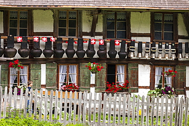 Hotel Waldhaus with cowbells hung up outside, Bernese Oberland, Canton of Bern, Switzerland