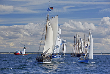 Sailing ships on Baltic Sea on their way to Hanse Sail, Rostock Warnemuende, Mecklenburg Western Pomerania, Germany, Europe