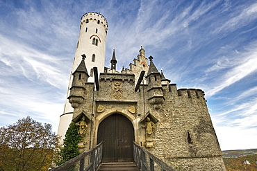 Lichtenstein Castle under clouded sky, Swabian Alp, Baden-Wuerttemberg, Germany, Europe