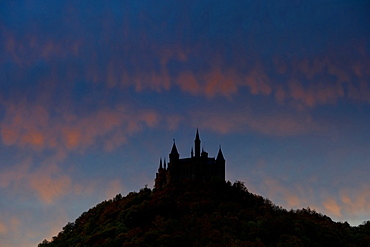 Hohenzollern Castle in the evening, Hechingen, Swabian Alp, Baden-Wuerttemberg, Germany, Europe