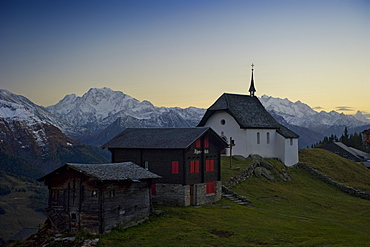 Mountain village at Bettmeralp at sunset, Canton of Valais, Switzerland, Europe