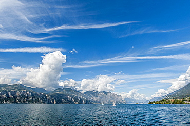 View towards Gardasee near Malcesine, Lago di Garda, Province of Verona, Northern Italy, Italy