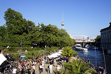 Beach Bar with palm trees next to the Spree River, Mitte, Tango Dance, Alex, Berlin, Germany