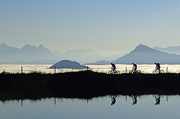 Mountain bikers at Lake Salvensee, Hohe Salve, Kitzbuehel Horn, Kitzbuehel Alps, Tyrol, Austria