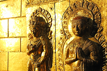 Buddha statues on the golden harmika, Swayambhunath Stupa, Kathmandu, Kathmandu Valley, Nepal, Asia