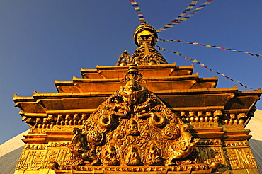 Buddha statues on the golden harmika, Swayambhunath Stupa, Kathmandu, Kathmandu Valley, Nepal, Asia