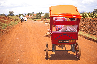 Rickshaw driving down a street, Madagascar, Africa