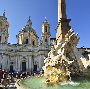 Fontana dei Quattro Fiumi, Fountain of the Four Rivers, artist Bernini, in front of church SantÂ¬Â¥Agnese, Piazza Navona, UNESCO World Heritage Site Rome, Rome, Latium, Lazio, Italy