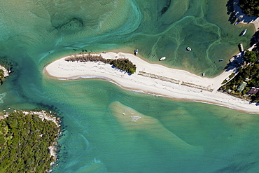 Aerial view of the Awaroa Inlet with turquoise coloured sea, Abel Tasman National Park, South Island, New Zealand