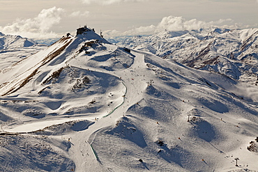 Aerial view of skiing slopes, Coronet Peak near Queenstown, Otago, South Island, New Zealand