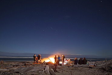 Bonfire with driftwood on the beach, group of people around a bonfire, west coast, South Island, New Zealand