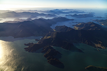 Aerial view of bays and islands at Marlborough Sounds, South Island, New Zealand