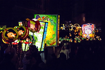 Artistic colourful lanterns lighting the sky, Morgenstraich, Basel Carnival, canton of Basel, Switzerland