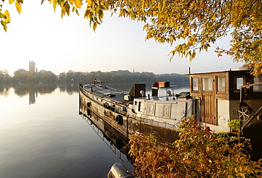 Old Cargo Ship, Templin Lake, Havel, Water Tower on Hermannswerder island, Potsdam, Land Brandenburg, Germany