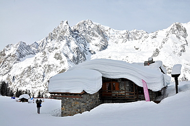 In the ski resort over Courmayeur with Mont Blanc, Aosta Valley, Italy