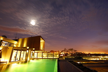 Hotel pool at night during full moon, Hotel Areias do Seixo, Povoa de Penafirme, A-dos-Cunhados, Costa de Prata, Portugal