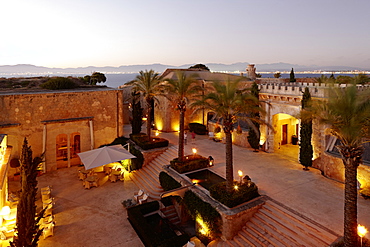 Courtyard with restaurant La Fortaleza Las Jaimas, Hotel Cap Rocat, Ctra. d'enderrocat, s/n, 07609 Cala Blava, Mallorca, Balearic Islands, Spain